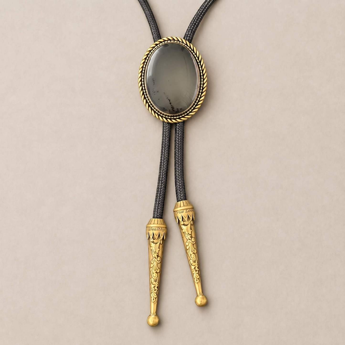sierracrest-smoky-agate-pattern-oval-gold-tone-twisted-rope-western-bolo-tie-ornament-slide-front-view
