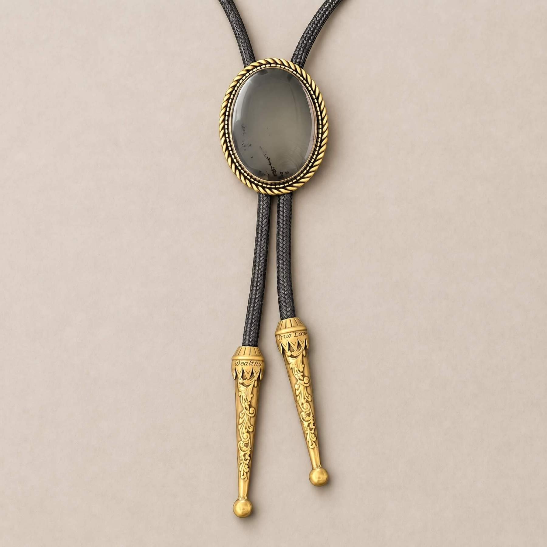 sierracrest-smoky-agate-pattern-oval-gold-tone-twisted-rope-western-bolo-tie-ornament-slide-front-view