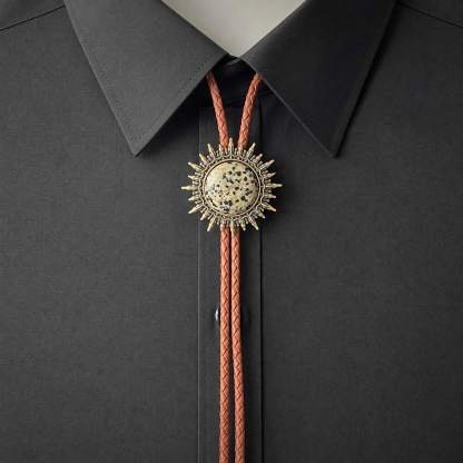 sierracrest-spotted-dalmatian-stone-pattern-sunburst-brass-tone-western-bolo-tie-ornament-slide-front-view