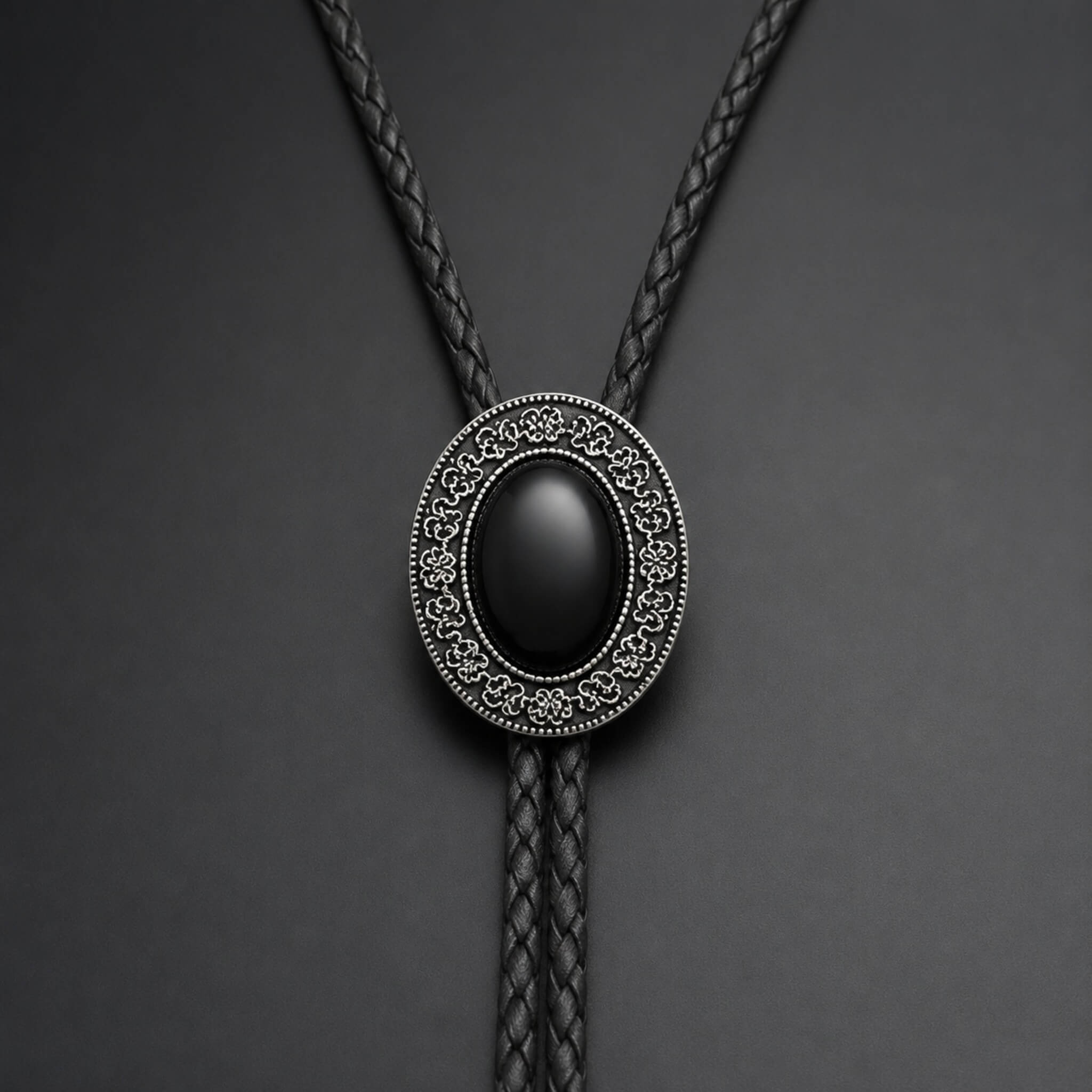 frontiercraft-oval-midnight-onyx-hue-engraved-filigree-silver-tone-western-bolo-tie-ornament-slide-front-view
