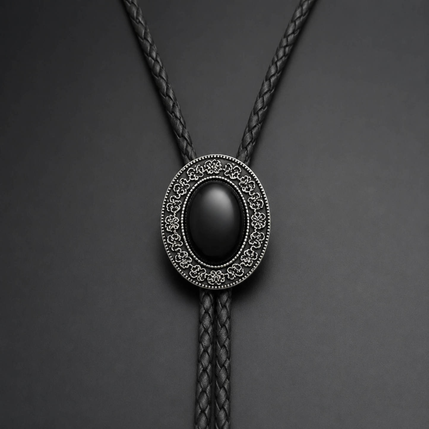 frontiercraft-oval-midnight-onyx-hue-engraved-filigree-silver-tone-western-bolo-tie-ornament-slide-front-view