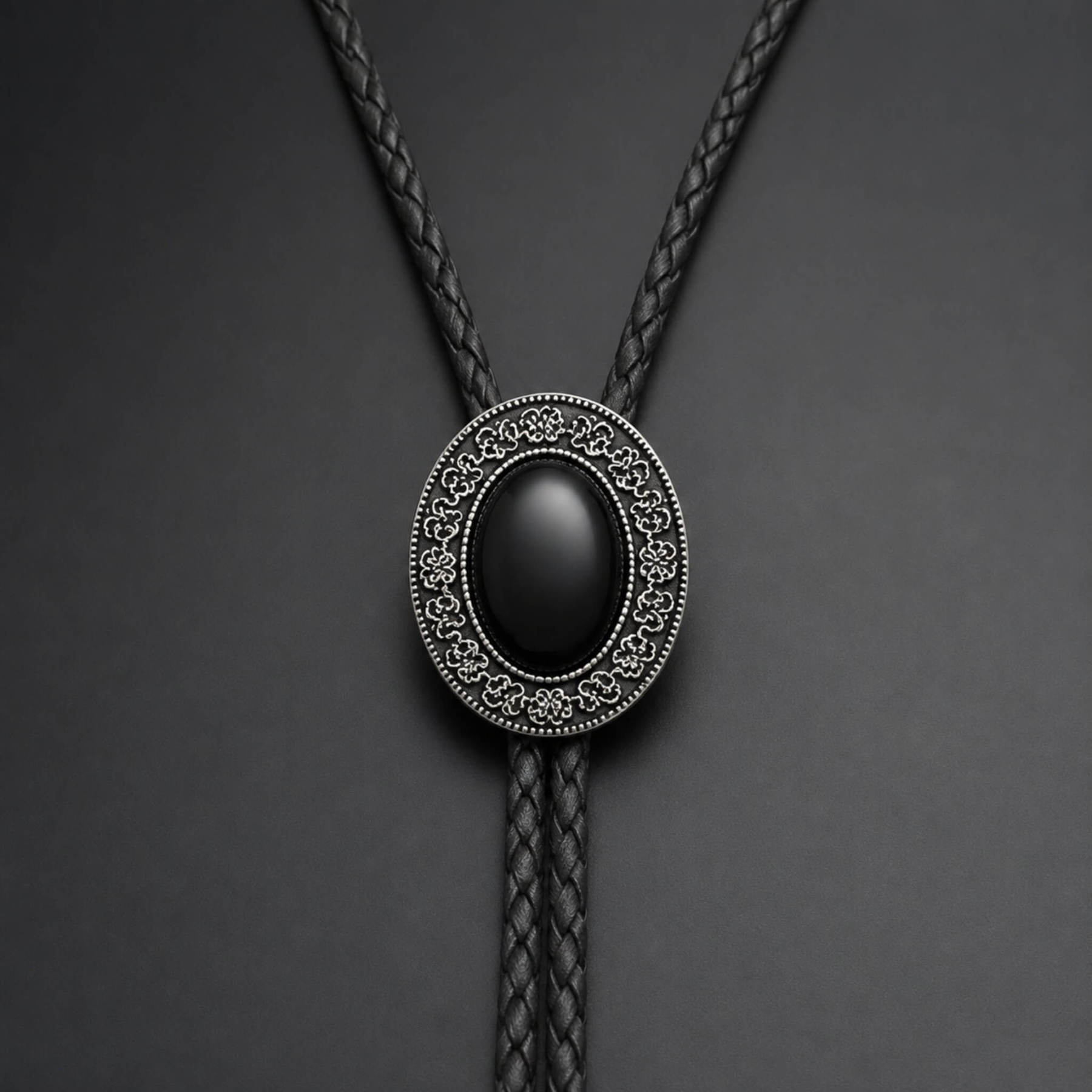 frontiercraft-oval-midnight-onyx-hue-engraved-filigree-silver-tone-western-bolo-tie-ornament-slide-front-view