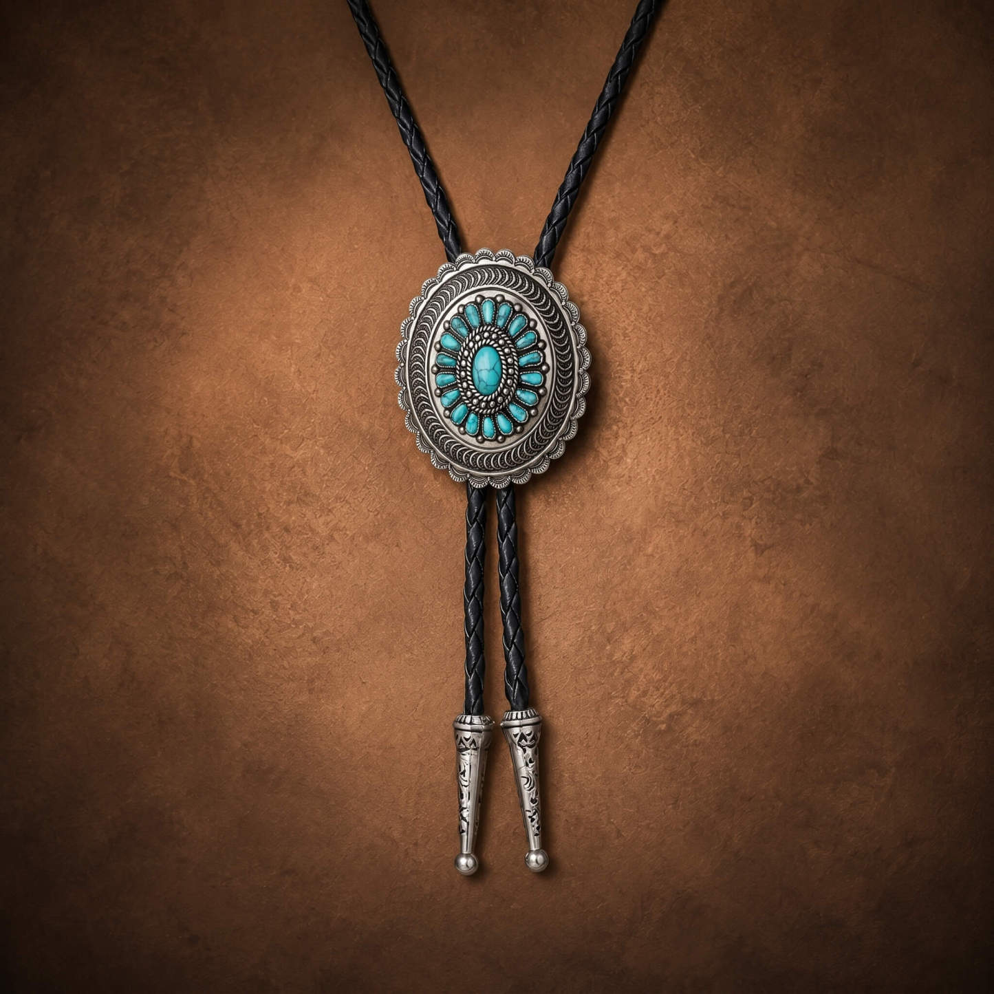 sierracrest-southwestern-cluster-turquoise-pattern-scalloped-concho-silver-tone-western-bolo-tie-ornament-slide-front-view