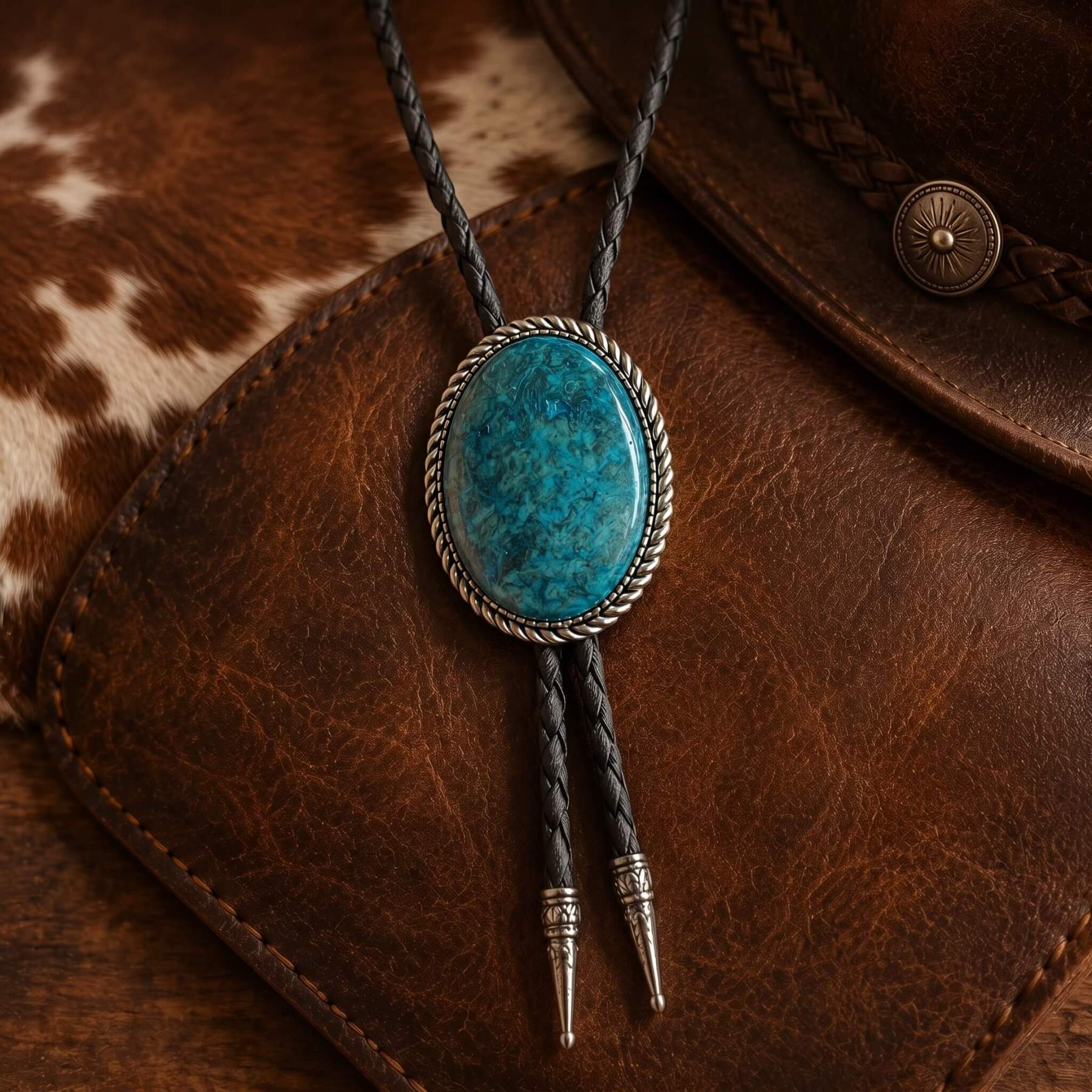 sierracrest-oval-marbled-peacock-teal-stone-pattern-silver-tone-twisted-rope-western-bolo-tie-ornament-slide-front-view