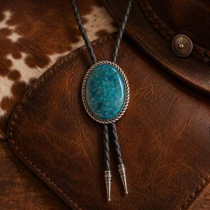 sierracrest-oval-marbled-peacock-teal-stone-pattern-silver-tone-twisted-rope-western-bolo-tie-ornament-slide-front-view