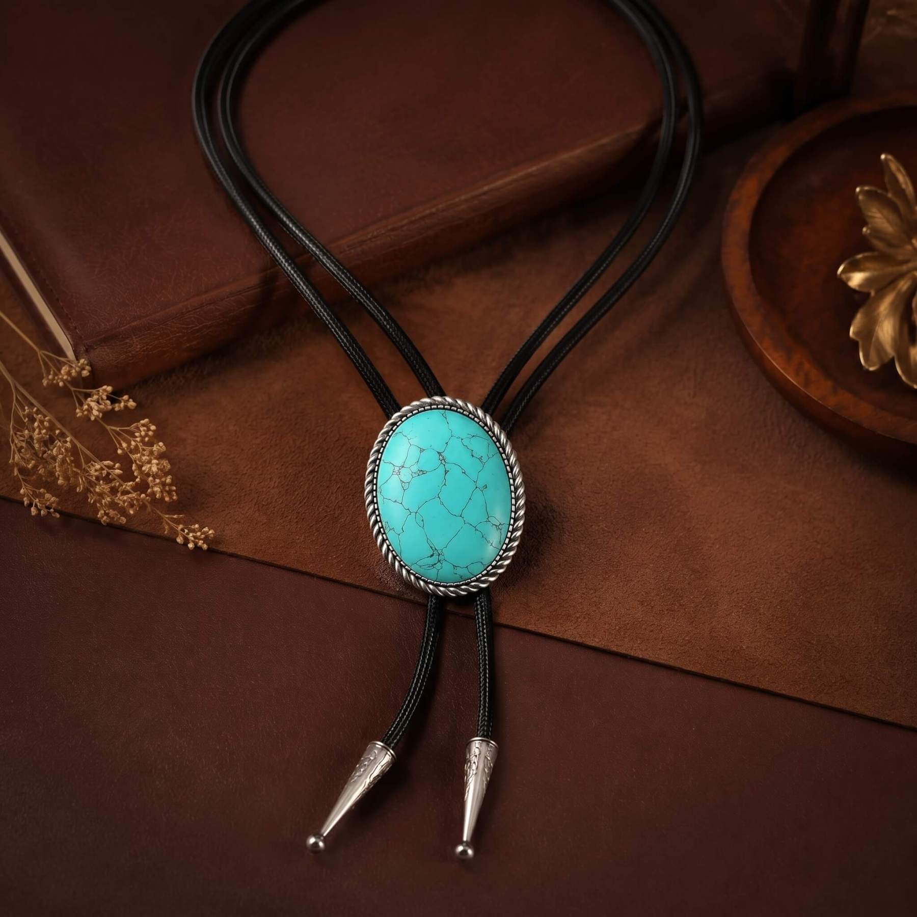 sierracrest-oval-spiderweb-turquoise-pattern-silver-tone-twisted-rope-western-bolo-tie-ornament-slide-front-view