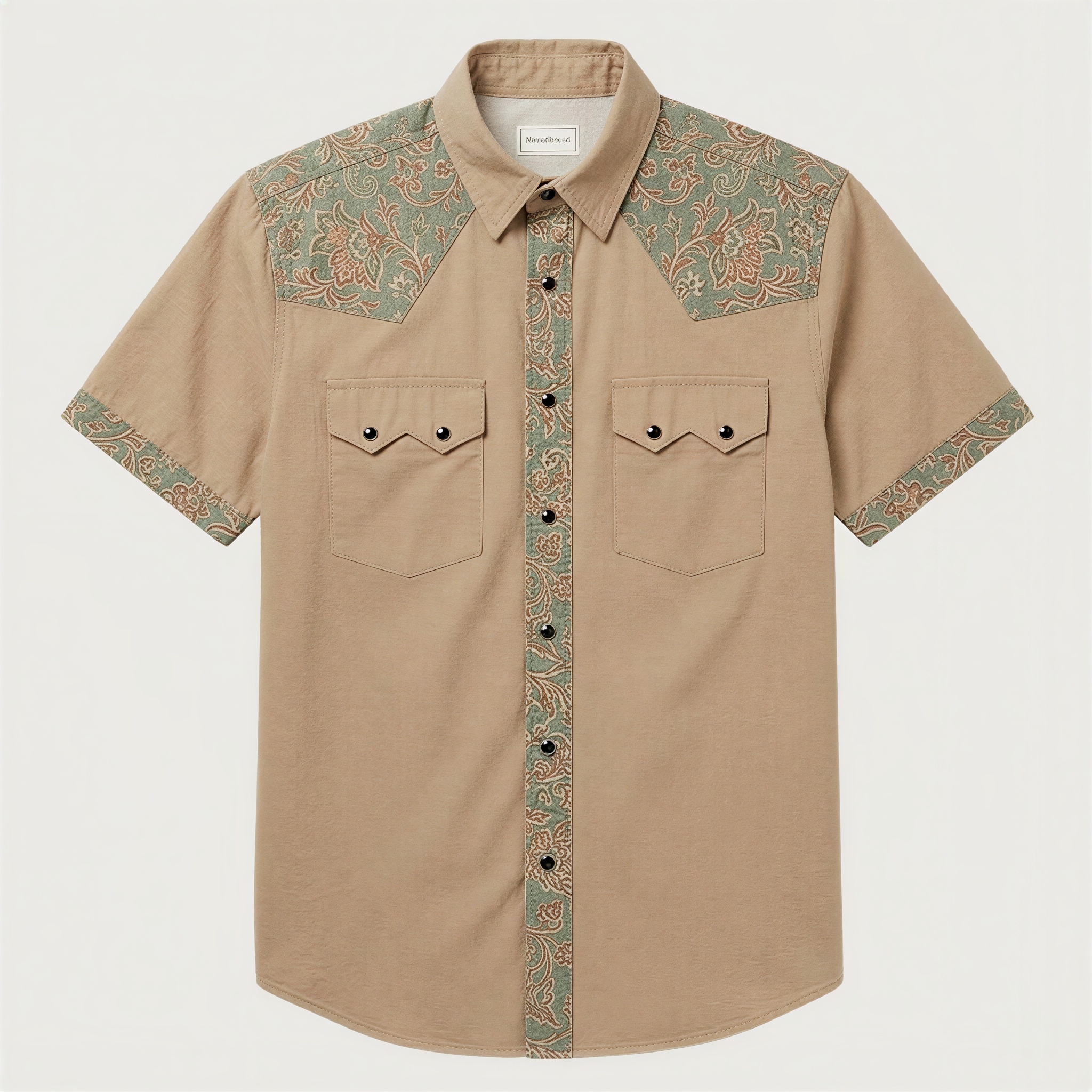 The Tan Sage Paisley | Mesathread Pro Contrast Panel Short-Sleeve Western Shirt