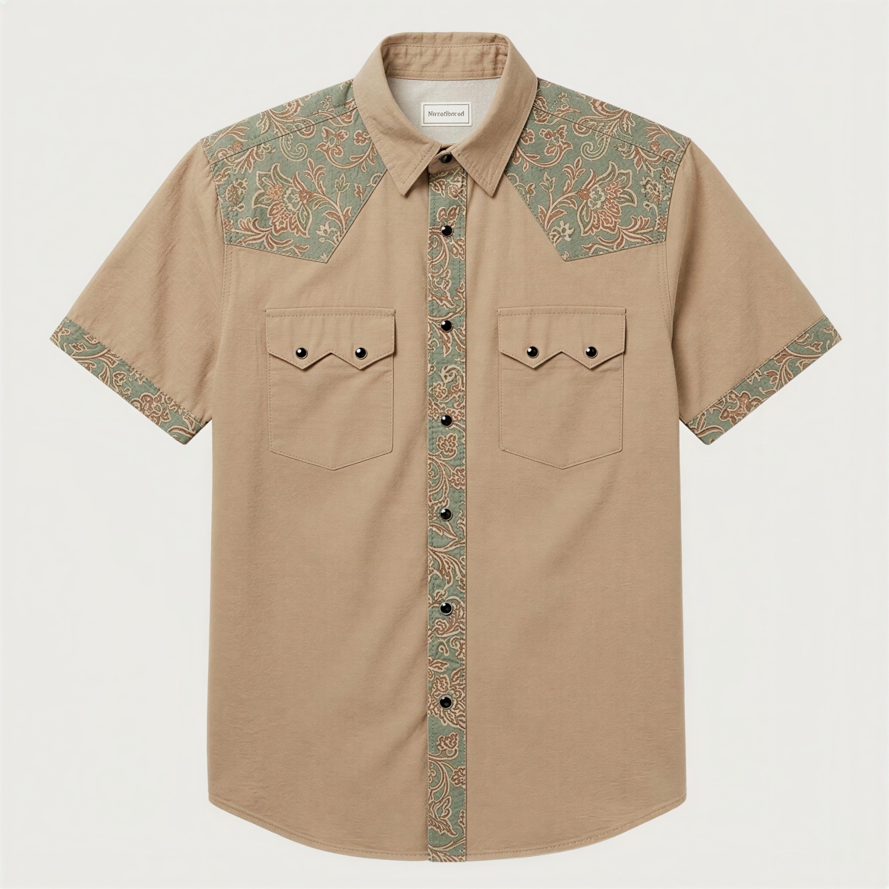 The Tan Sage Paisley | Mesathread Pro Contrast Panel Short-Sleeve Western Shirt