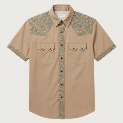 The Tan Sage Paisley | Mesathread Pro Contrast Panel Short-Sleeve Western Shirt
