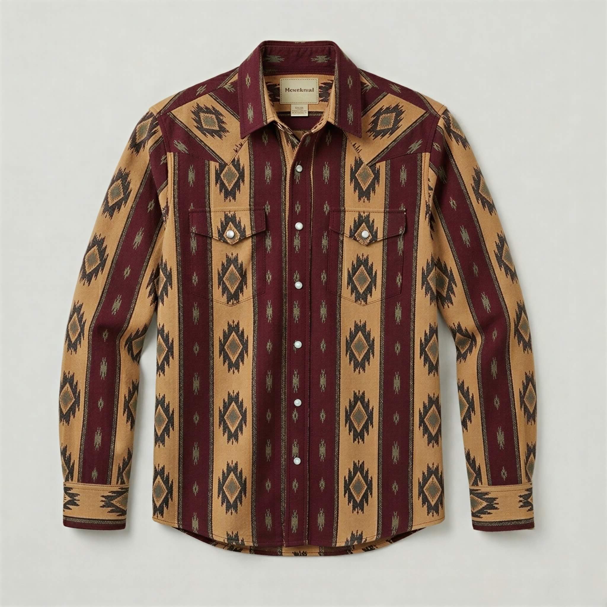 The Nomad Beacon | Mesathread Men's Navajo Burgundy & Ochre Western Shirt with White Pearl Snaps