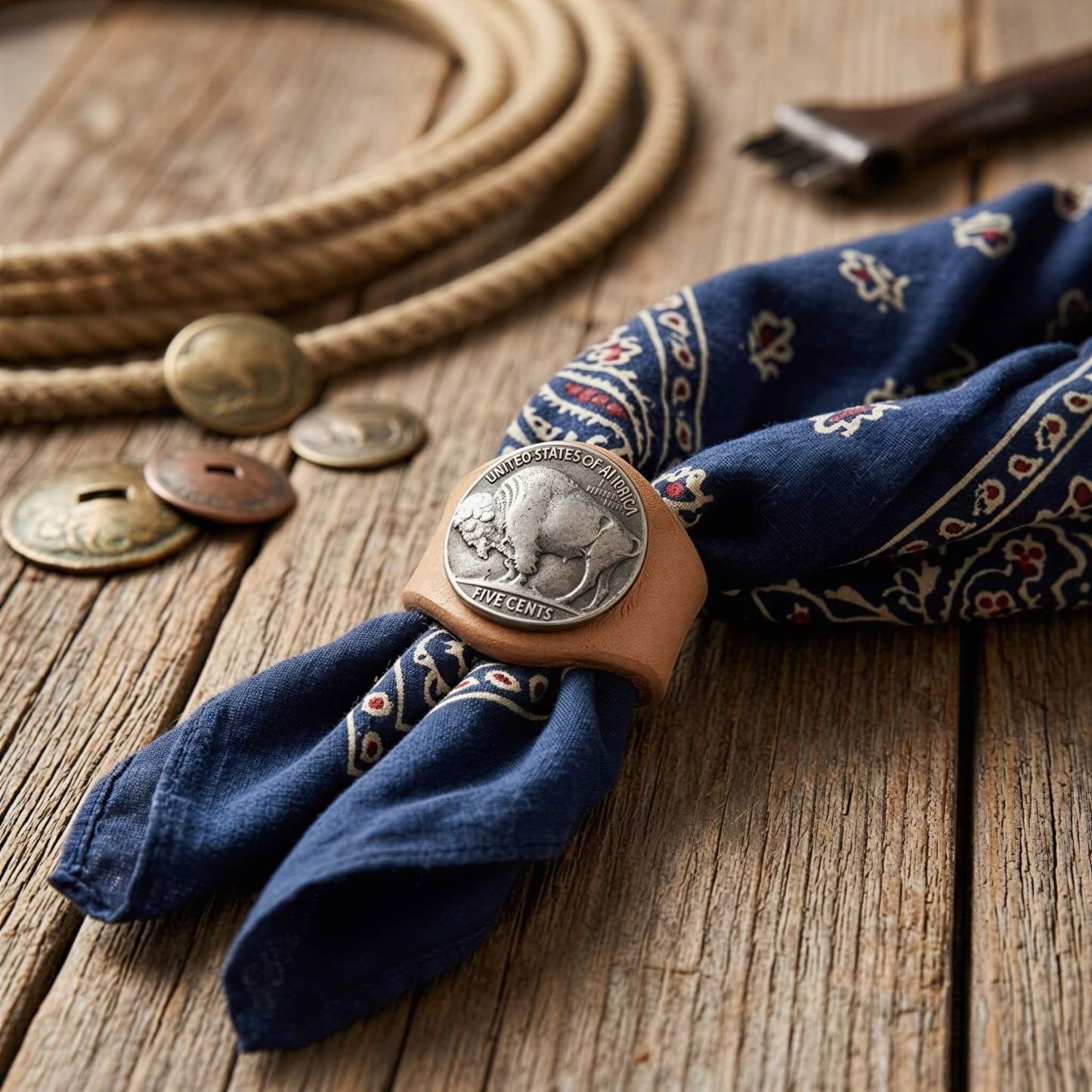 mesathread-buffalo-nickel-concho-leather-wild-rag-slide-saddle-tan-lifestyle-with-blue-bandana