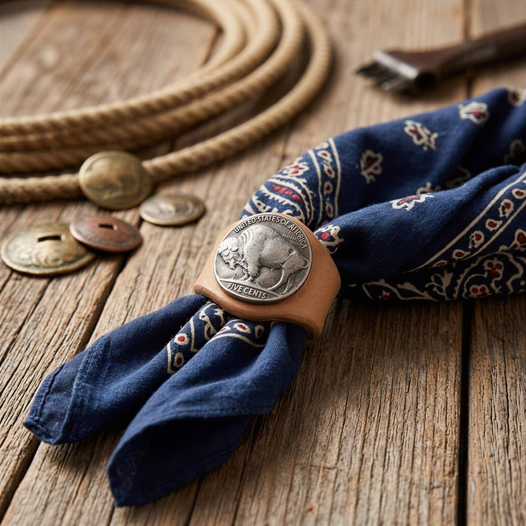 mesathread-buffalo-nickel-concho-leather-wild-rag-slide-saddle-tan-lifestyle-with-blue-bandana