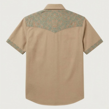 The Tan Sage Paisley | Mesathread Pro Contrast Panel Short-Sleeve Western Shirt