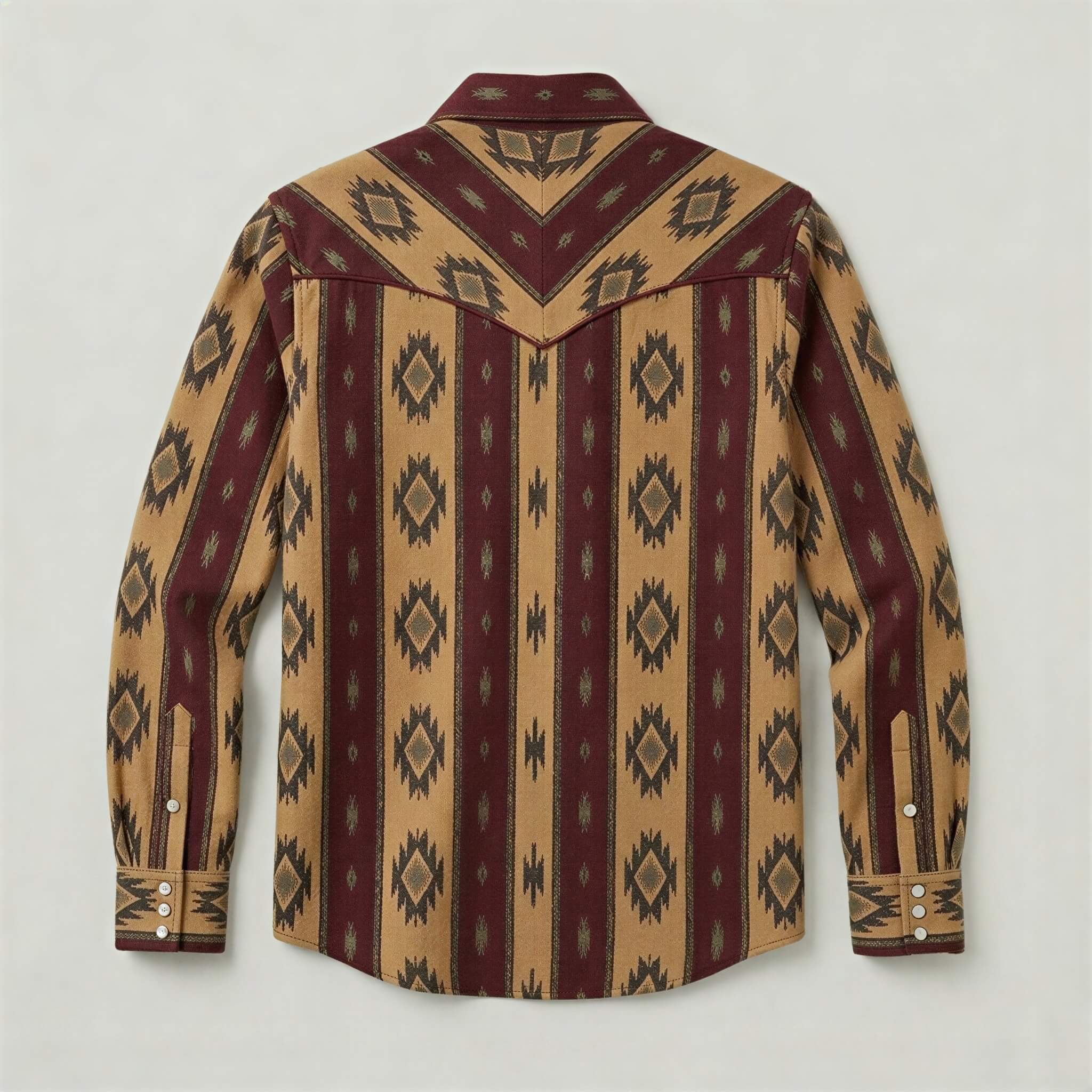 The Nomad Beacon | Mesathread Men's Navajo Burgundy & Ochre Western Shirt with White Pearl Snaps
