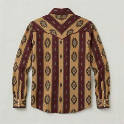 The Nomad Beacon | Mesathread Men's Navajo Burgundy & Ochre Western Shirt with White Pearl Snaps