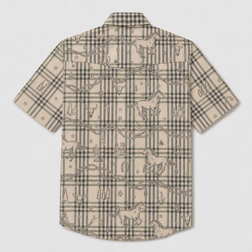 the-range-rider-lasso-horse-illustrated-plaid-western-short-sleeve-shirt-back-view
