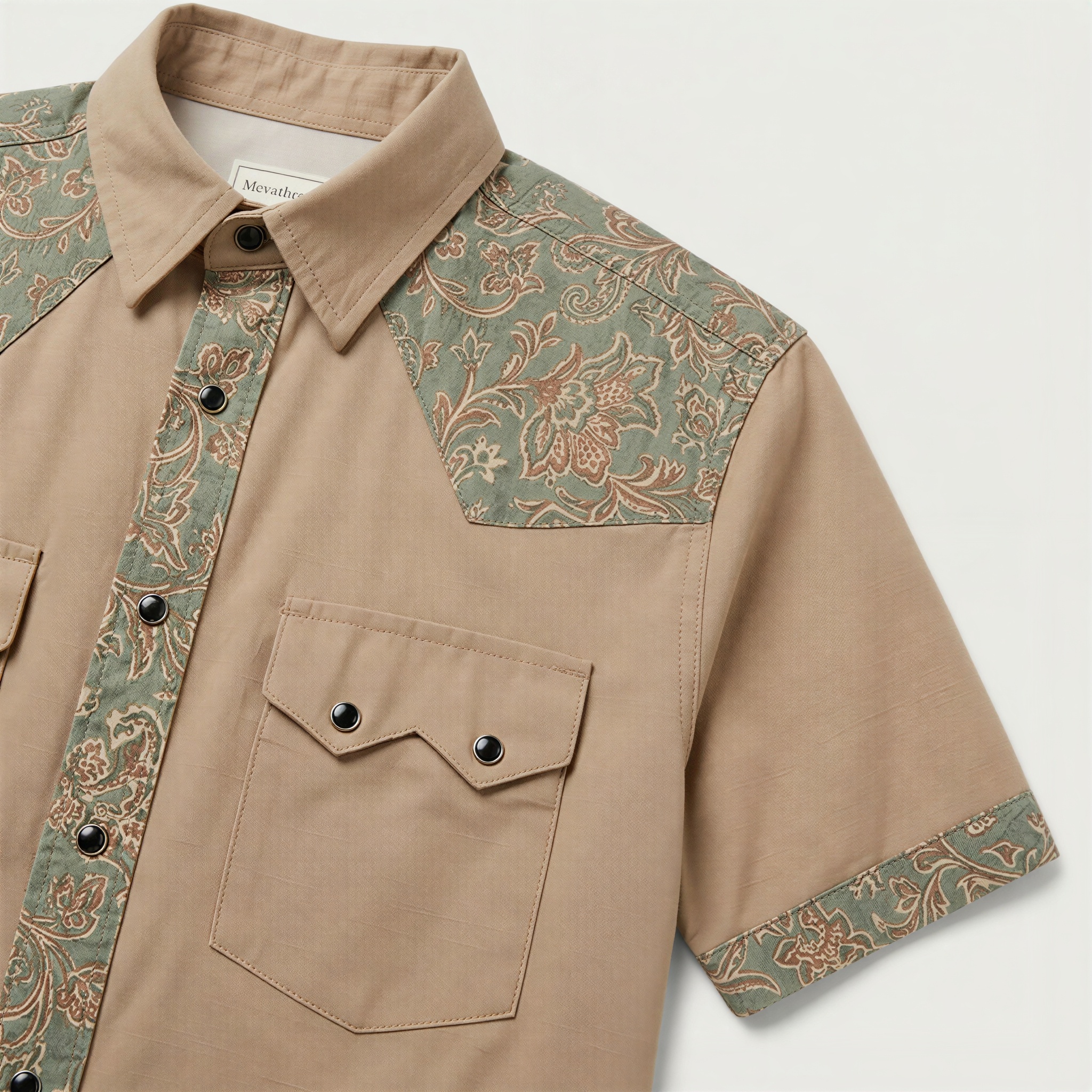 The Tan Sage Paisley | Mesathread Pro Contrast Panel Short-Sleeve Western Shirt