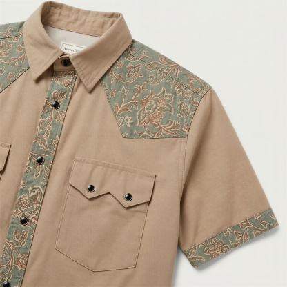 The Tan Sage Paisley | Mesathread Pro Contrast Panel Short-Sleeve Western Shirt