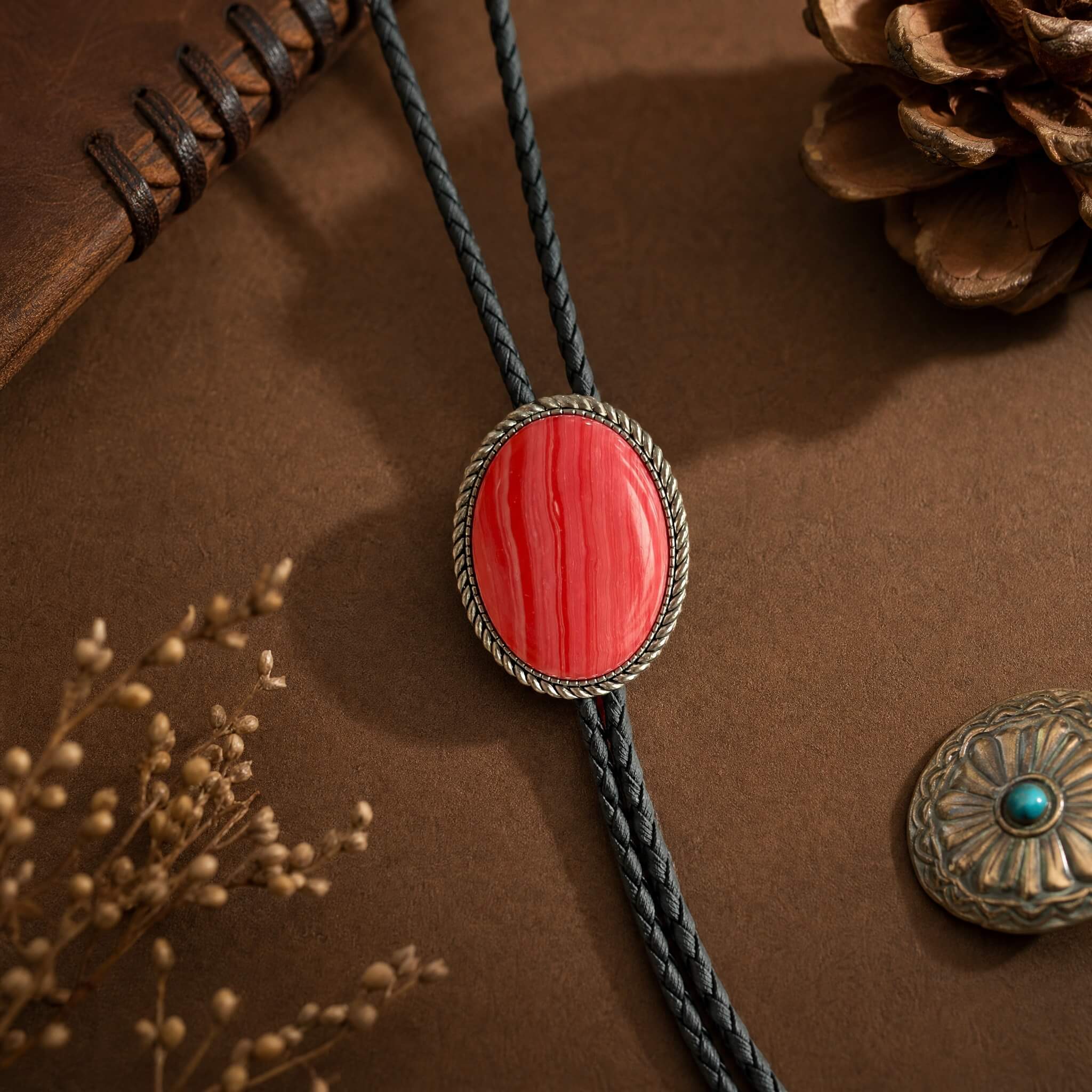 sierracrest-striated-crimson-agate-pattern-oval-silver-tone-twisted-rope-western-bolo-tie-ornament-slide-front-view
