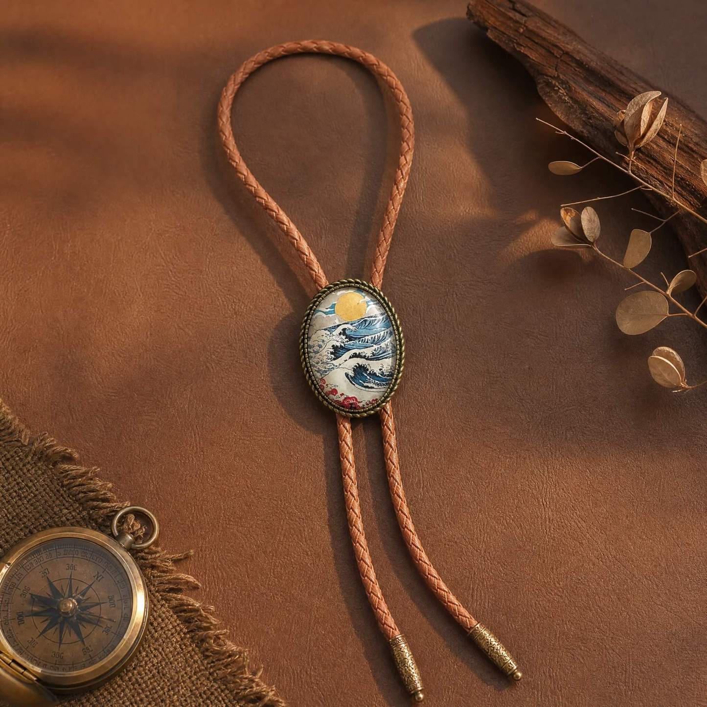curiocraft-great-wave-golden-sun-ukiyo-e-art-oval-antique-bronze-tone-western-bolo-tie-ornament-slide-front-view