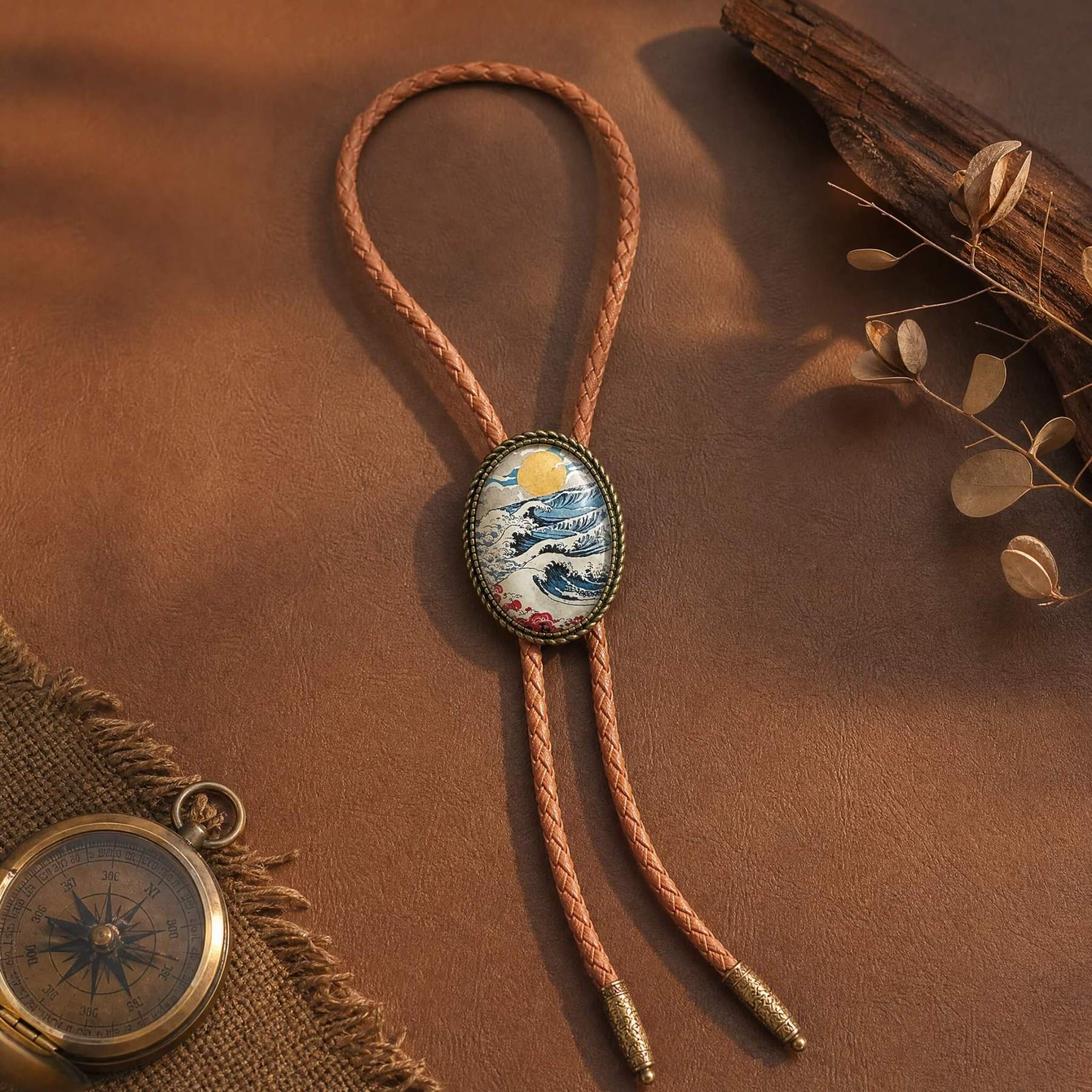 curiocraft-great-wave-golden-sun-ukiyo-e-art-oval-antique-bronze-tone-western-bolo-tie-ornament-slide-front-view
