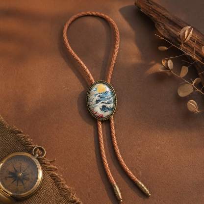 curiocraft-great-wave-golden-sun-ukiyo-e-art-oval-antique-bronze-tone-western-bolo-tie-ornament-slide-front-view