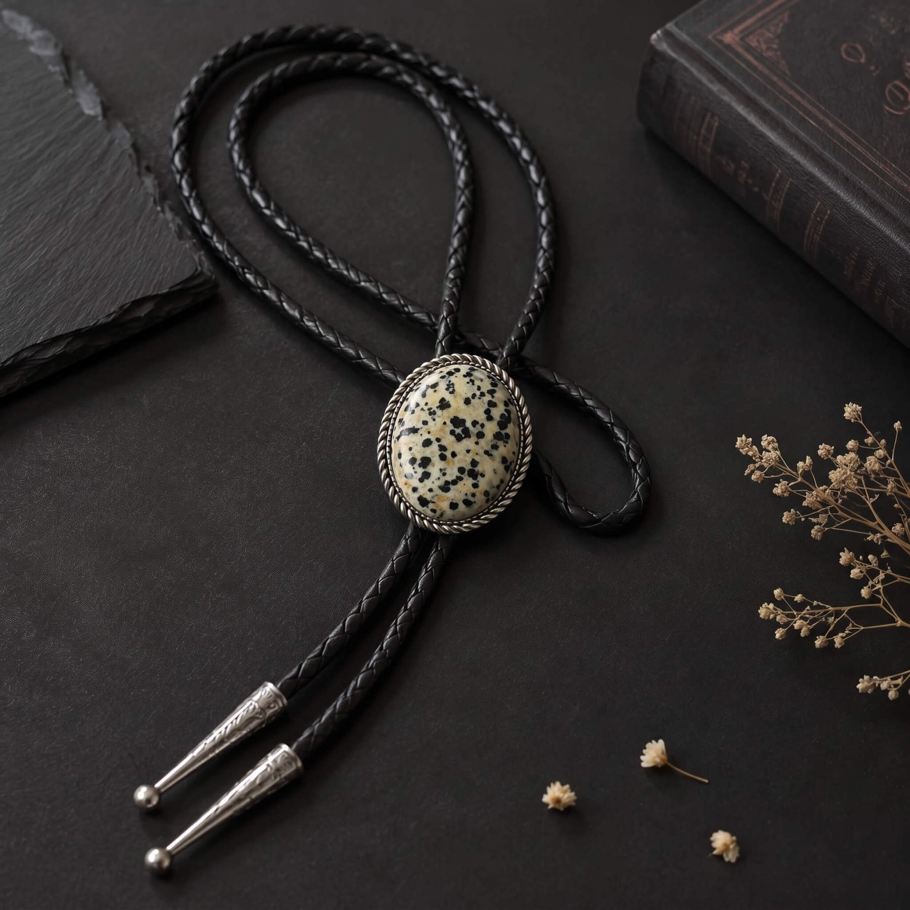 sierracrest-oval-spotted-dalmatian-stone-pattern-antique-silver-tone-twisted-rope-western-bolo-tie-ornament-slide-front-view