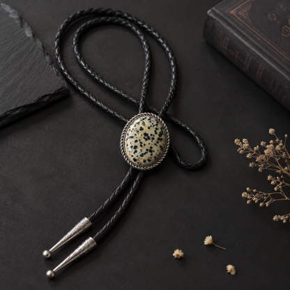 sierracrest-oval-spotted-dalmatian-stone-pattern-antique-silver-tone-twisted-rope-western-bolo-tie-ornament-slide-front-view