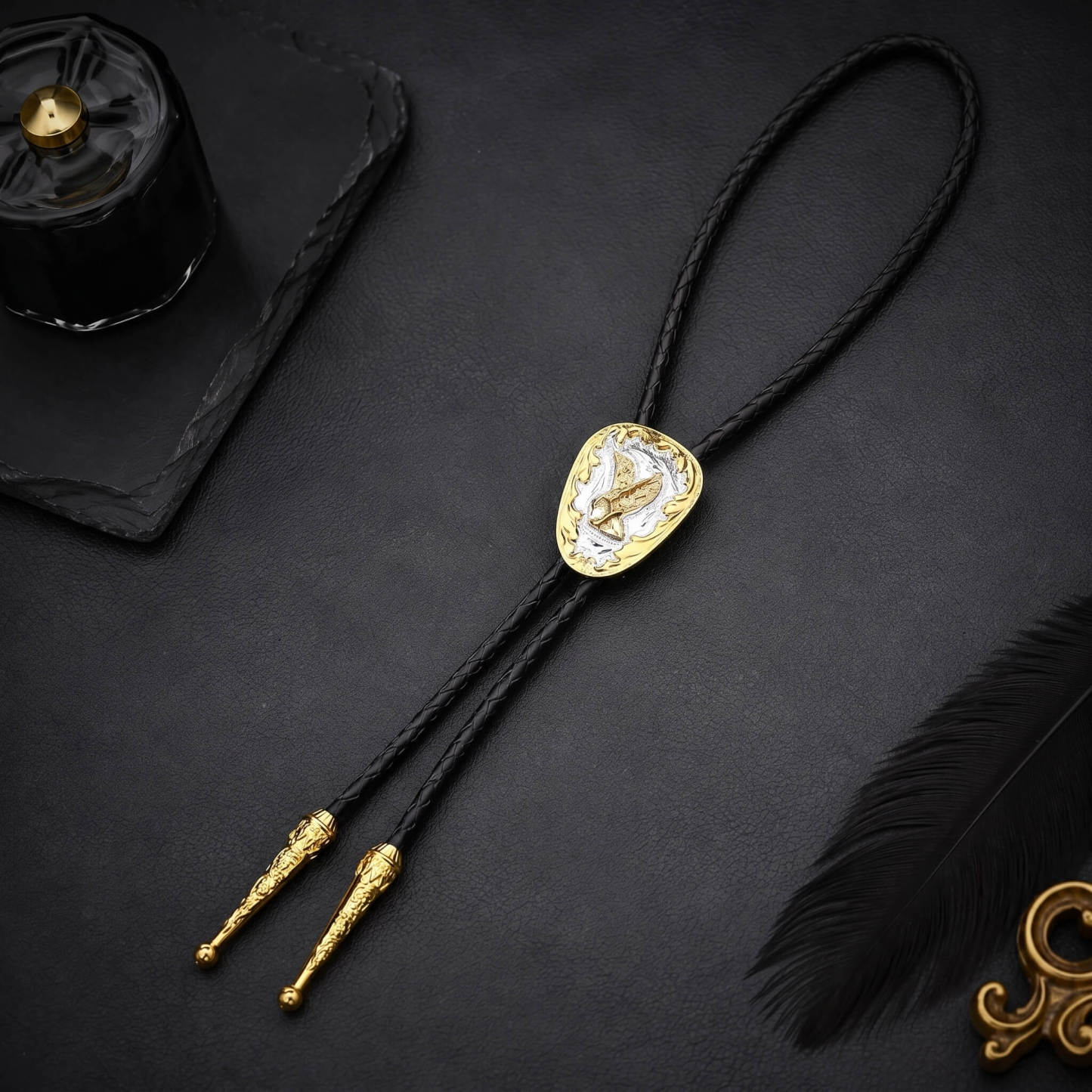 frontiercraft-soaring-eagle-shield-two-tone-gold-silver-western-bolo-tie-ornament-slide-front-view