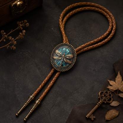curiocraft-art-nouveau-stained-glass-dragonfly-oval-antique-bronze-tone-western-bolo-tie-ornament-slide-front-view