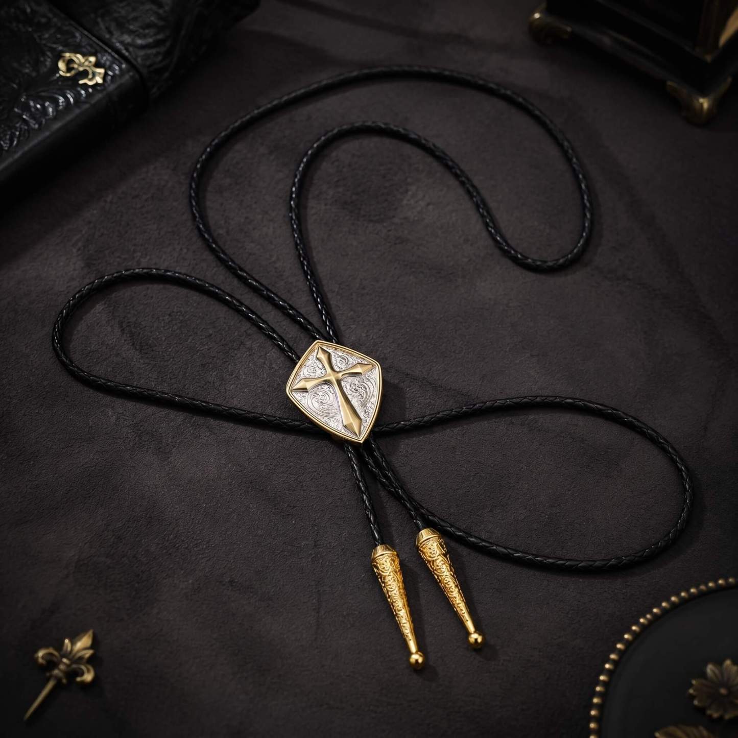 frontiercraft-crusader-shield-cross-two-tone-gold-silver-western-bolo-tie-ornament-slide-front-view