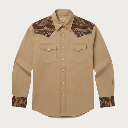 Aztec Totem Geometric Cotton Western Shirt - 4 Prints - Tan Beige