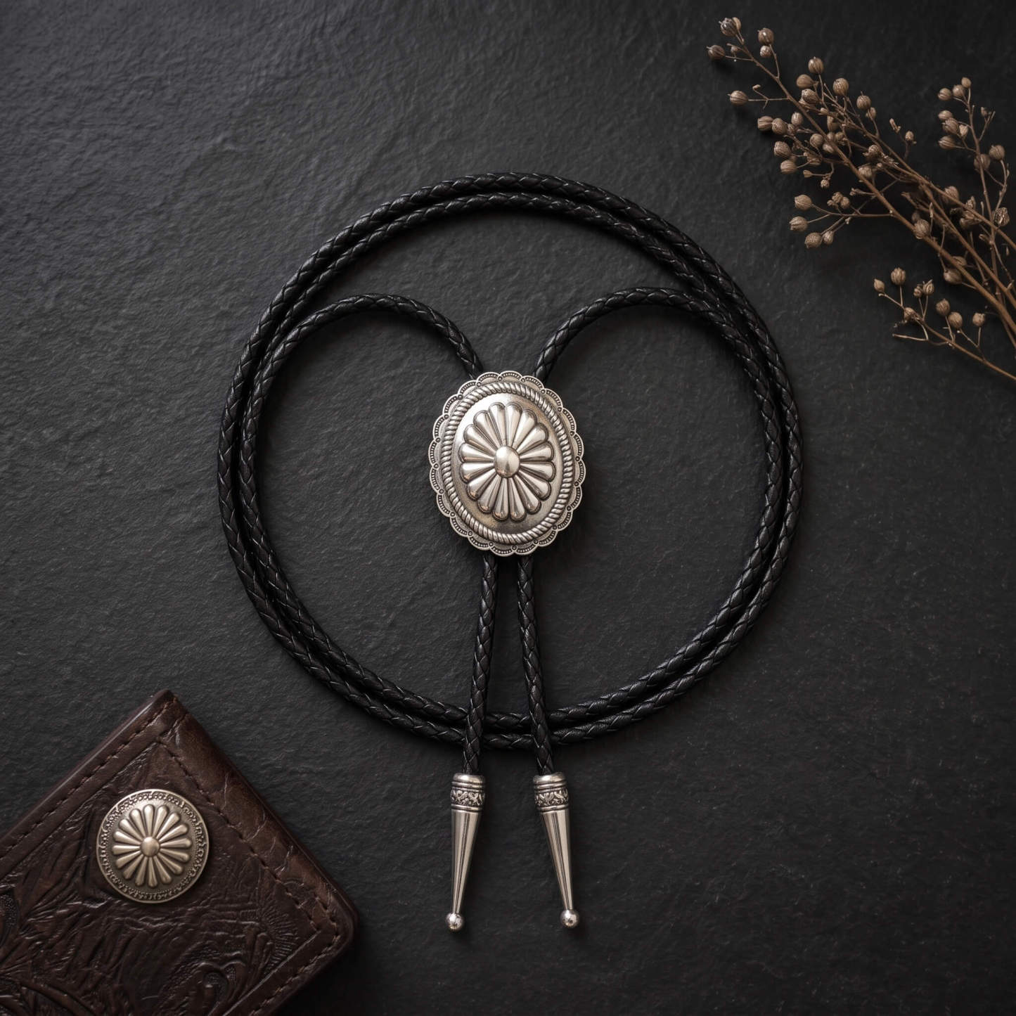 reliccraft-sunburst-floral-concho-antique-silver-tone-zinc-alloy-western-bolo-tie-ornament-slide-front-view