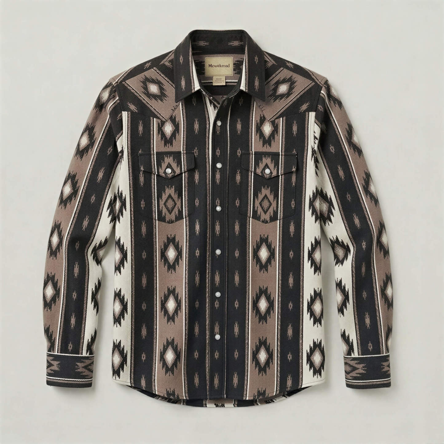 The Nomad Beacon | Mesathread Men's Navajo Black& Brown Western Shirt with White Pearl Snaps
