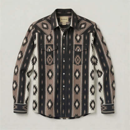 The Nomad Beacon | Mesathread Men's Navajo Black& Brown Western Shirt with White Pearl Snaps