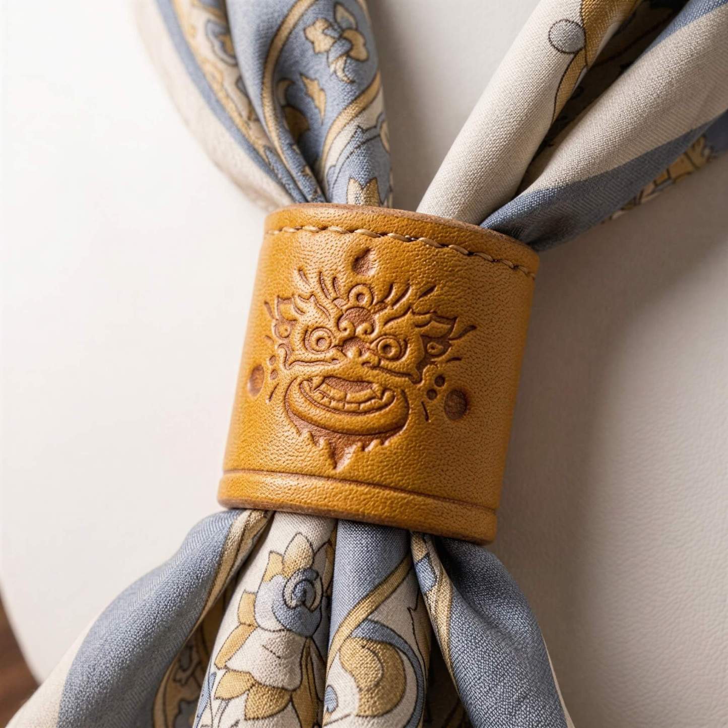 mesathread-embossed-dragon-totem-leather-wild-rag-slide-saddle-tan-lifestyle-with-blue-grey-bandana