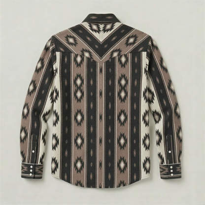 The Nomad Beacon | Mesathread Men's Navajo Black& Brown Western Shirt with White Pearl Snaps