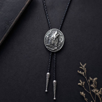 reliccraft-howling-lone-wolf-feather-oval-antique-silver-tone-zinc-alloy-western-bolo-tie-ornament-slide-front-view