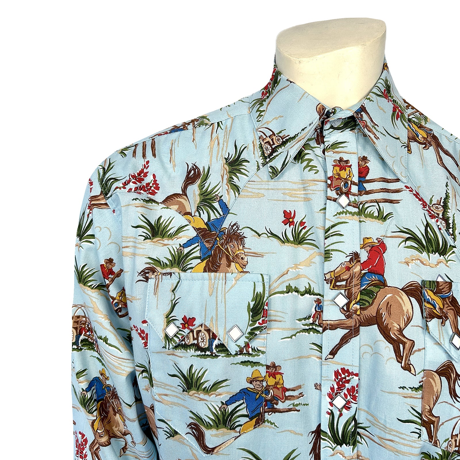 Men’s Vintage Light Blue Print Western Shirt-MesaThread