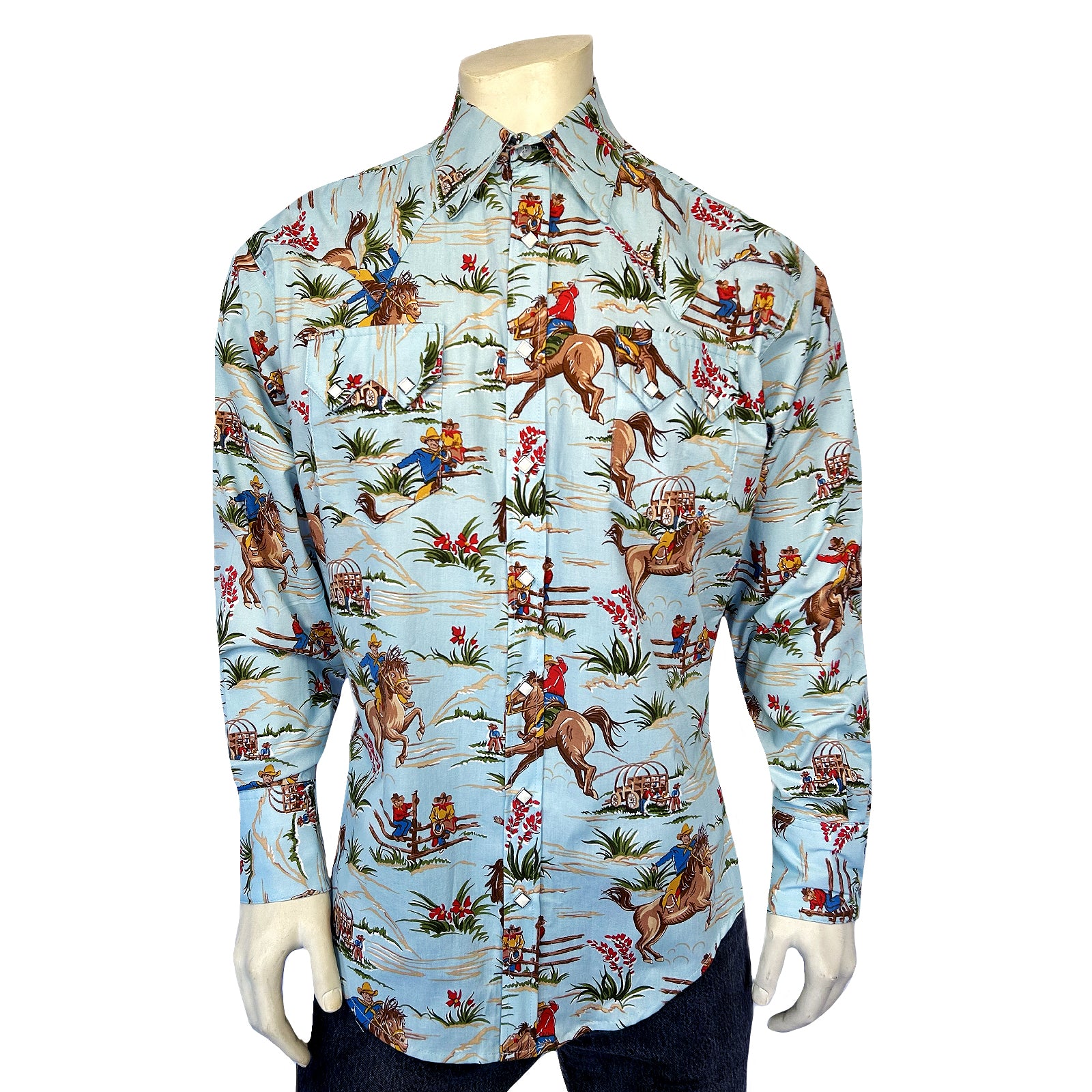 Men’s Vintage Light Blue Print Western Shirt-MesaThread