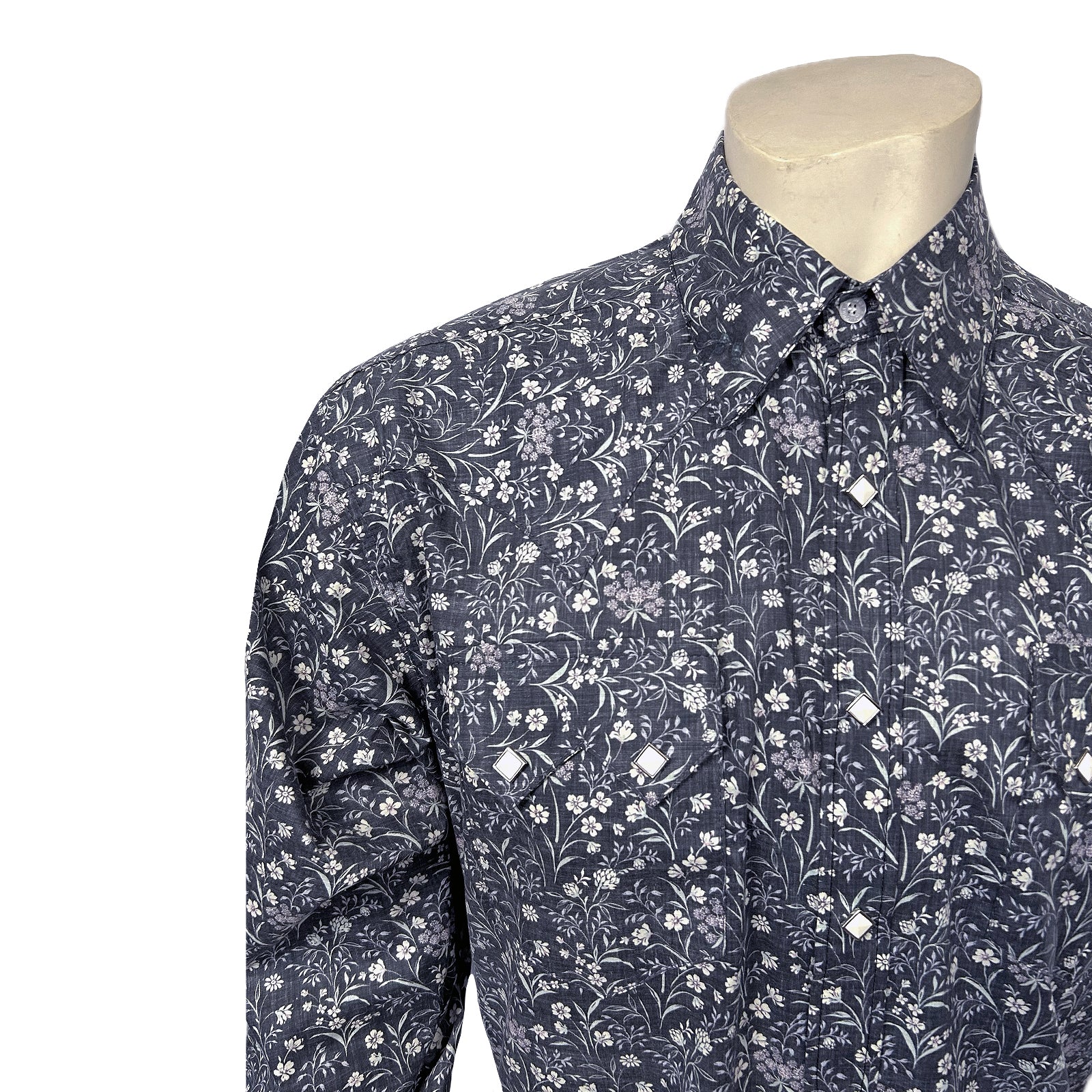 Men's Long Sleeve Navy Floral Print Western Shirt-MesaThread