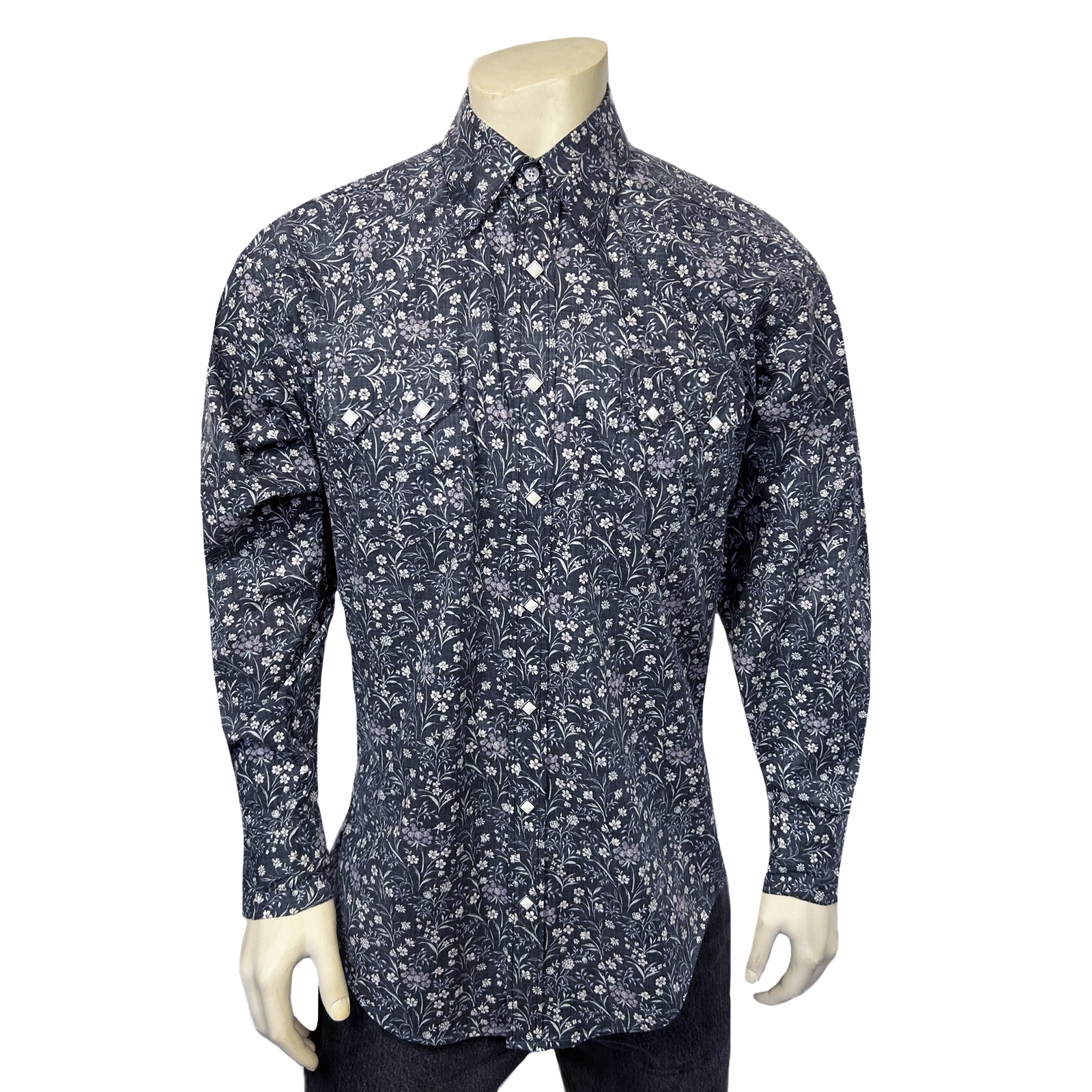 Men's Long Sleeve Navy Floral Print Western Shirt-MesaThread