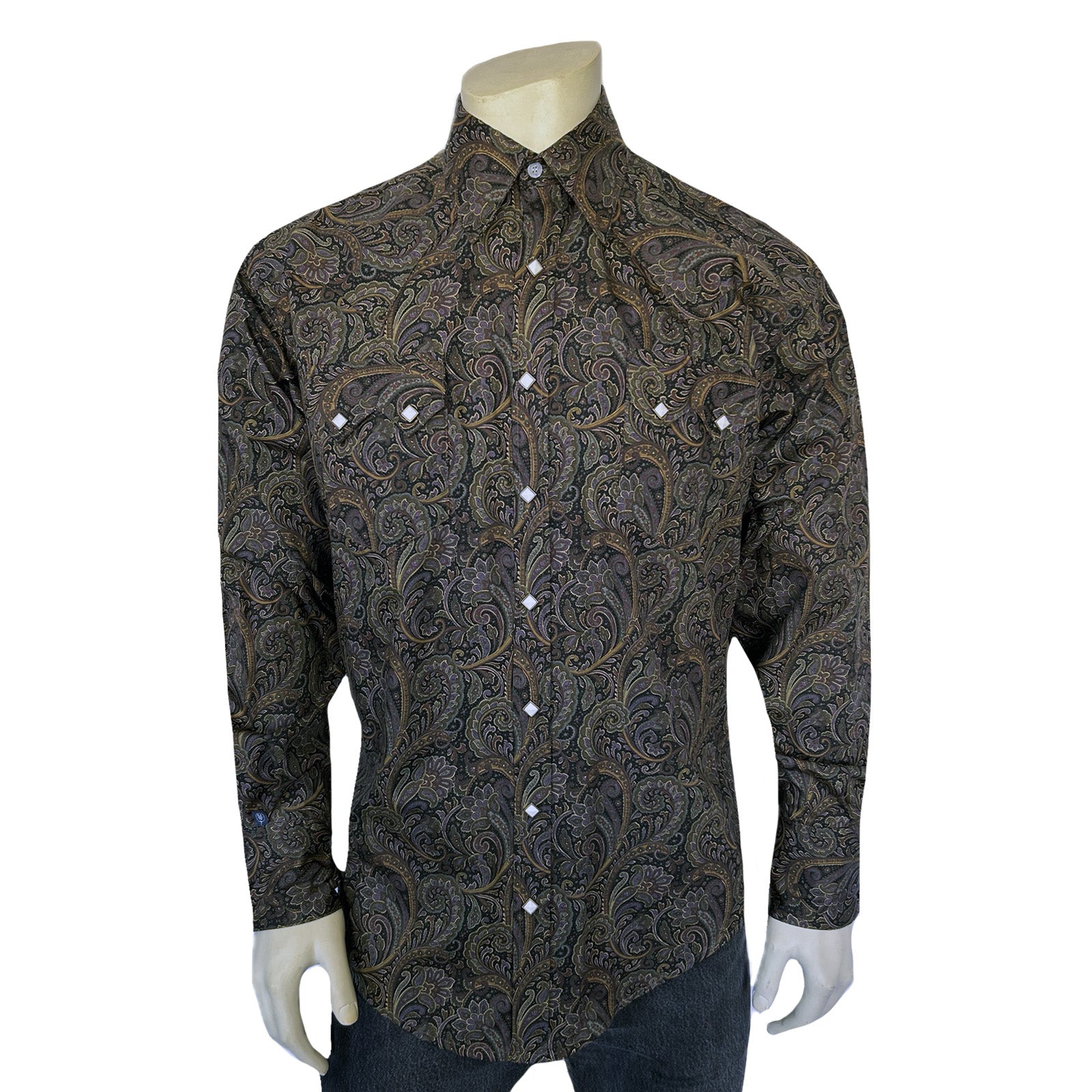 Men's Ornate Paisley Print Western Shirt in Brown-MesaThread