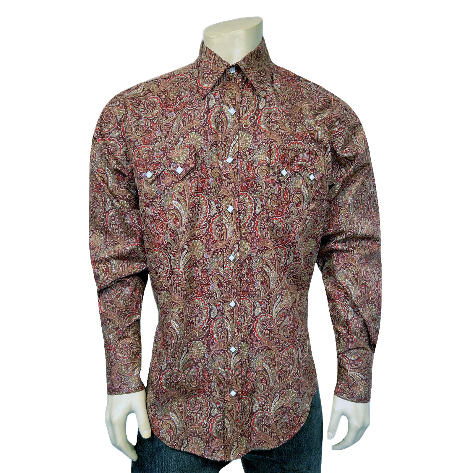 Men's Ornate Paisley Print Western Shirt in Burgundy-MesaThread