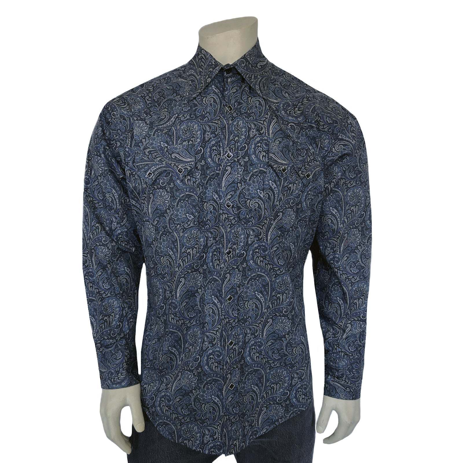 Men's Ornate Paisley Print Western Shirt in Navy-MesaThread