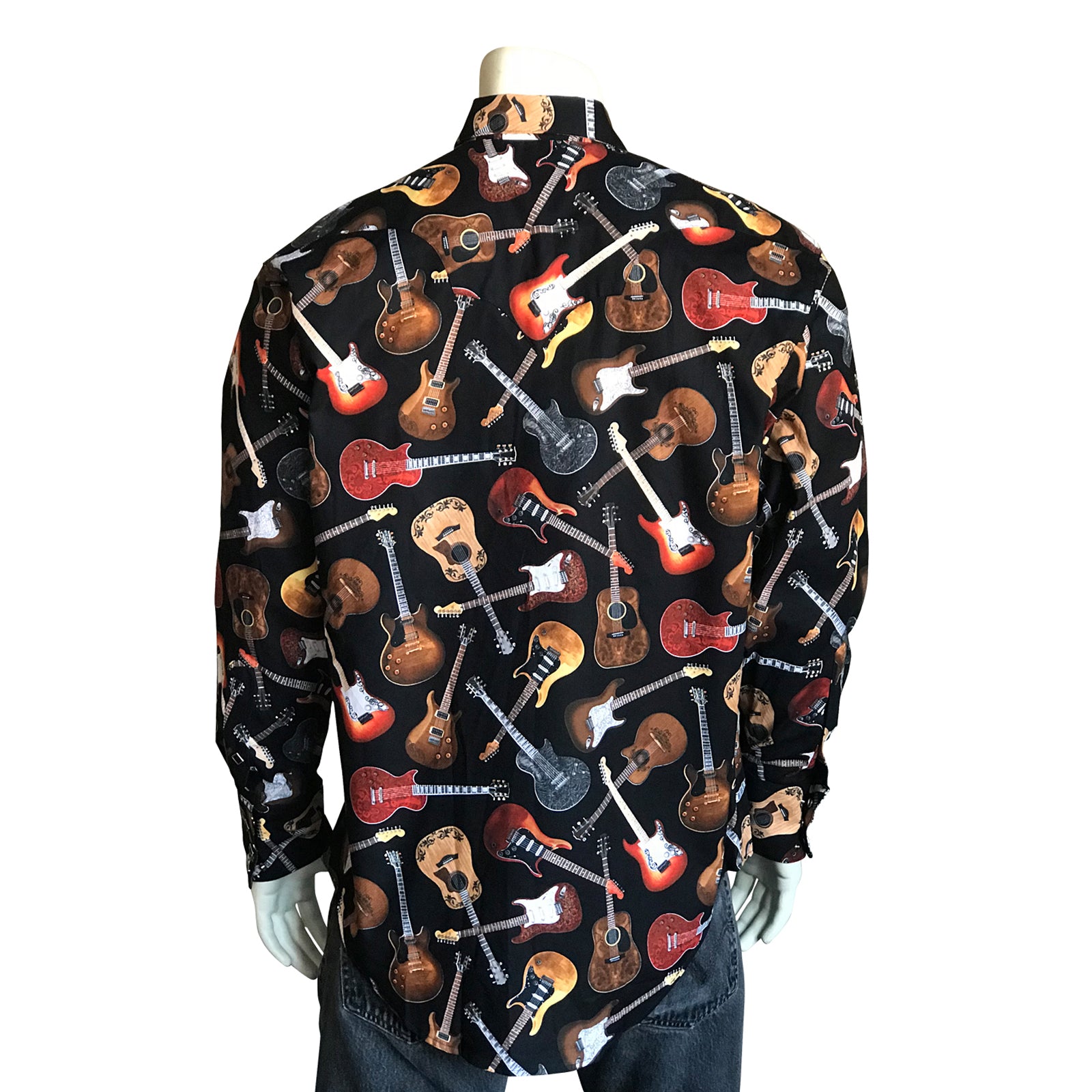 Men's Black Electric Guitars Print Western Shirt-MesaThread