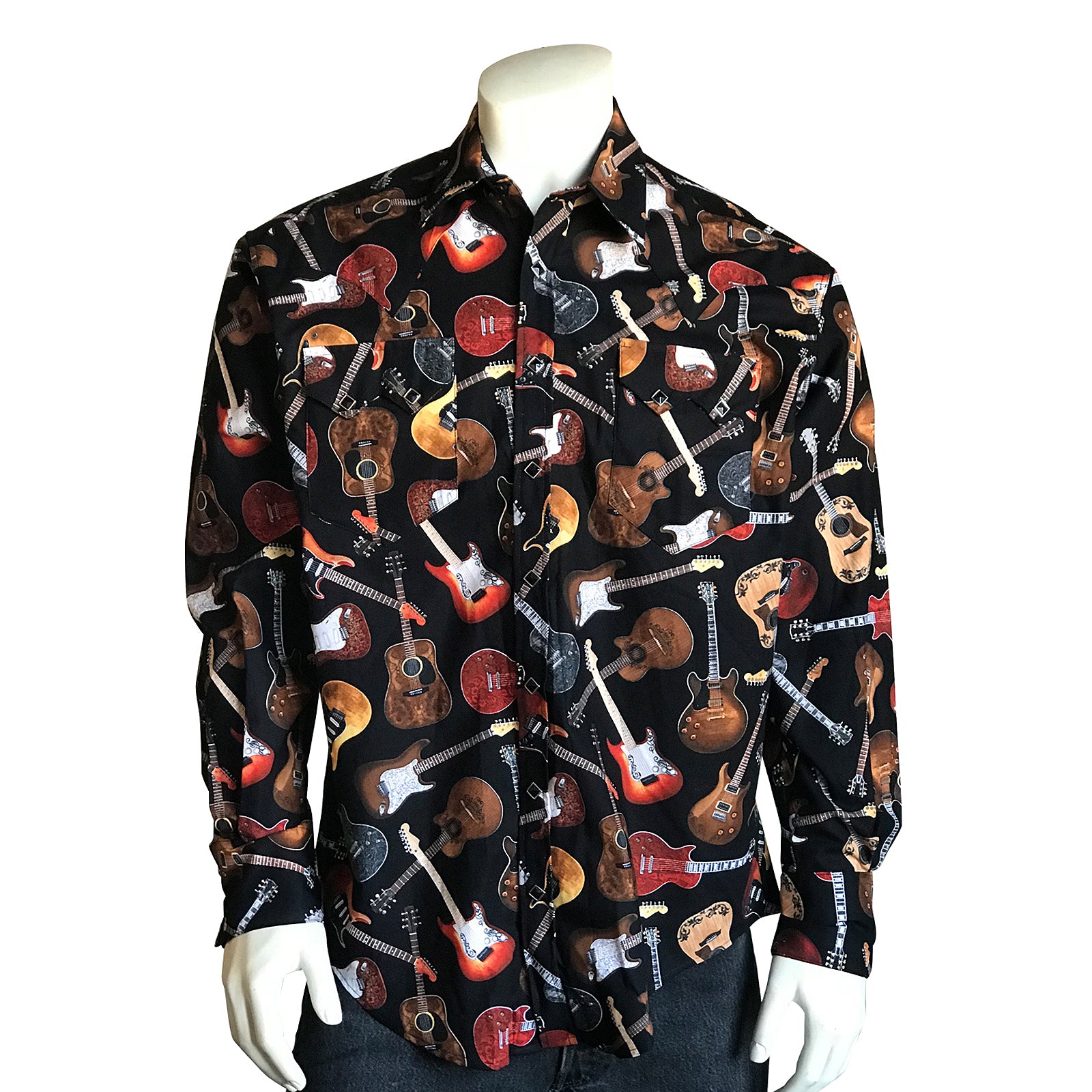 Men's Black Electric Guitars Print Western Shirt-MesaThread