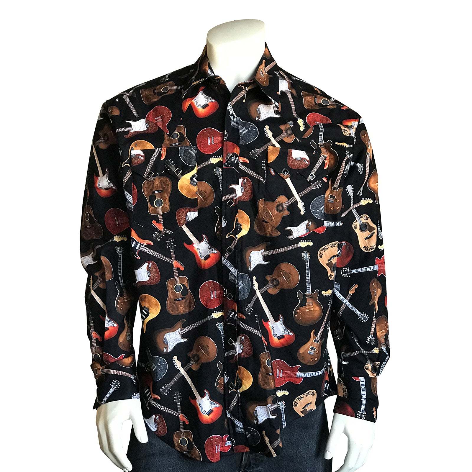Men's Black Electric Guitars Print Western Shirt-MesaThread