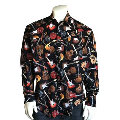 Men's Black Electric Guitars Print Western Shirt-MesaThread