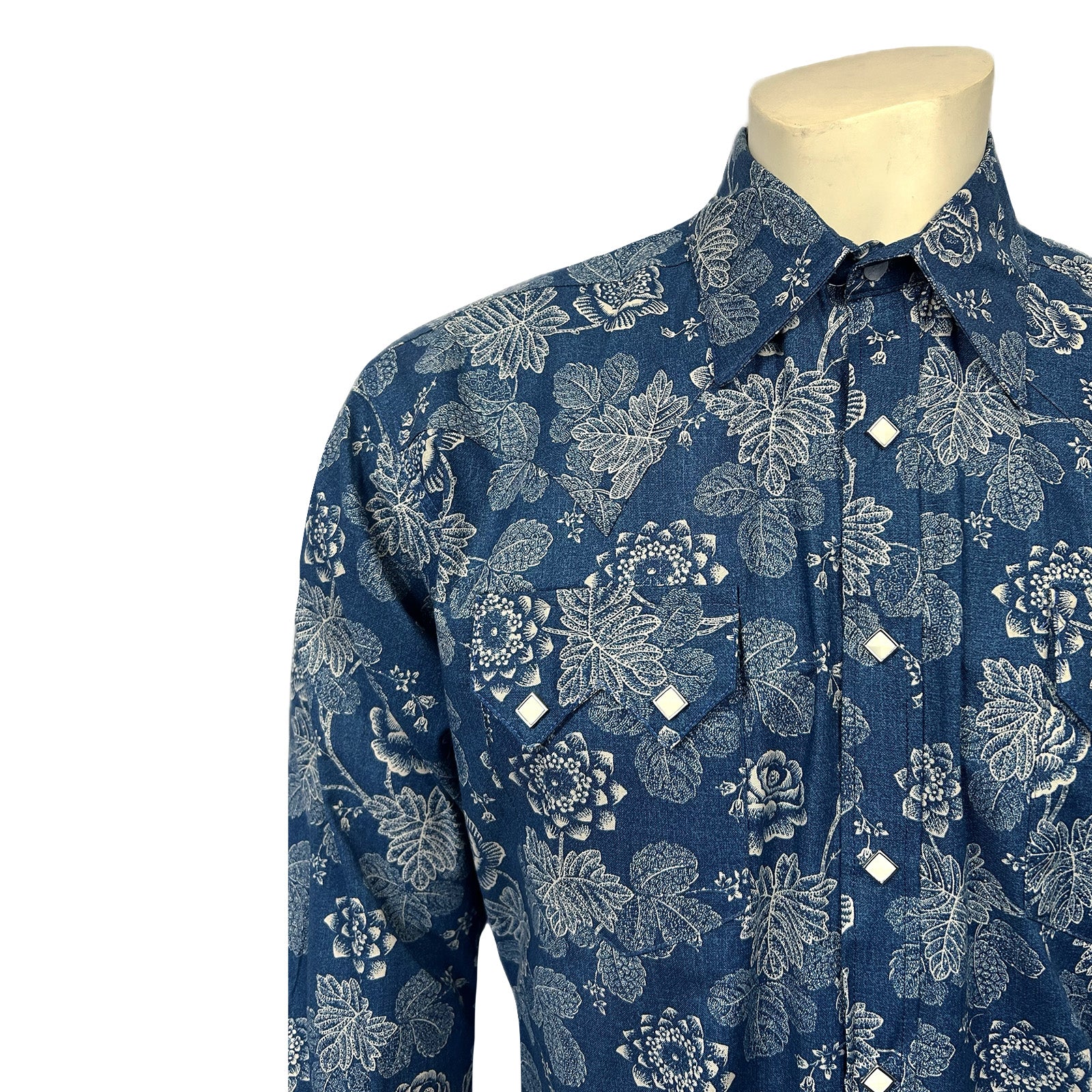 Men's Long Sleeve Navy Floral Print Western Shirt-MesaThread